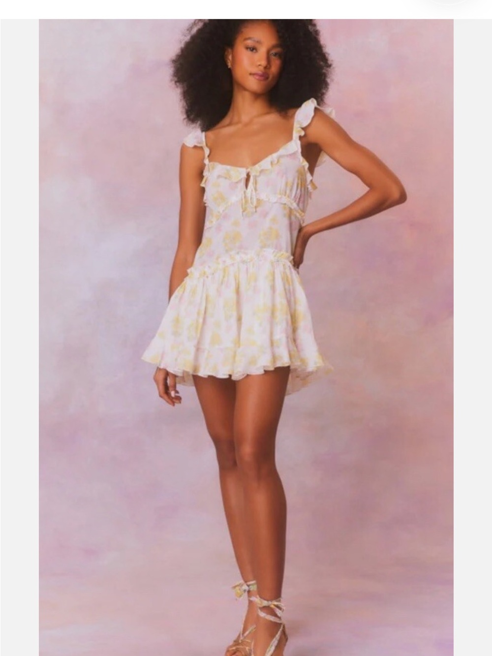 LoveShackFancy White & Yellow Floral Ruffle Mini Slip